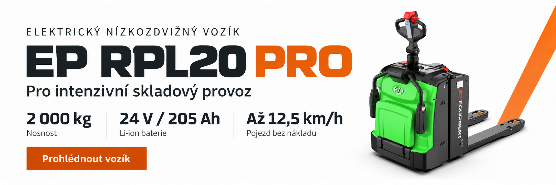 EP RPL20 PRO – elektrický nízkozdvižný vozík. Nosnost 2 000 kg, Li-ion baterie 24 V / 205 Ah, rychlost až 12,5 km/h. Prohlédnout vozík.